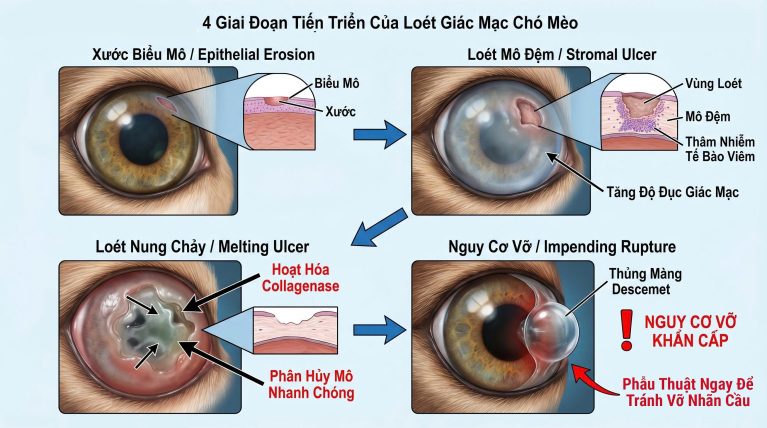 Sơ đồ 4 giai đoạn tiến triển của loét giác mạc chó mèo từ xước biểu mô đến thủng màng Descemet.
