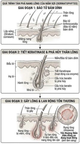 Sơ đồ vi thể (Flowchart) thể hiện 3 bước: Bào tử rơi vào da -> Tiết enzyme tiêu hủy chân lông -> Sợi lông đứt gãy -> Lan rộng thành đốm tròn.