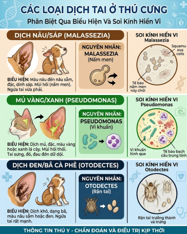 Bảng đối chiếu màu sắc dịch tiết tai và mầm bệnh ở chó mèo.