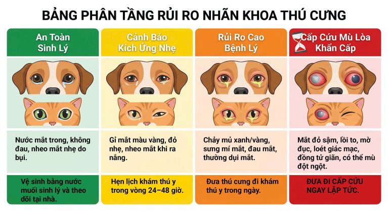 Bảng phân tầng rủi ro nhãn khoa thú y từ mức độ an toàn đến cấp cứu mù lòa.