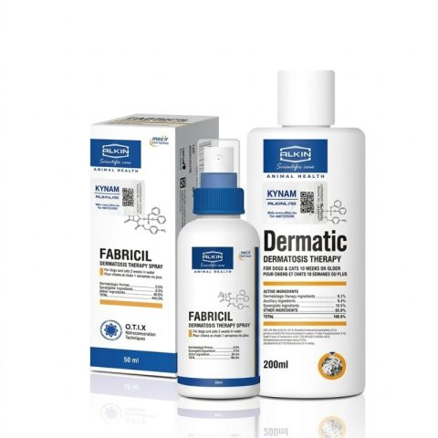 Bộ đôi dầu tắm Alkin Dermatic và xịt Alkin Fabricil đặc trị viêm da có mủ ở chó mèo