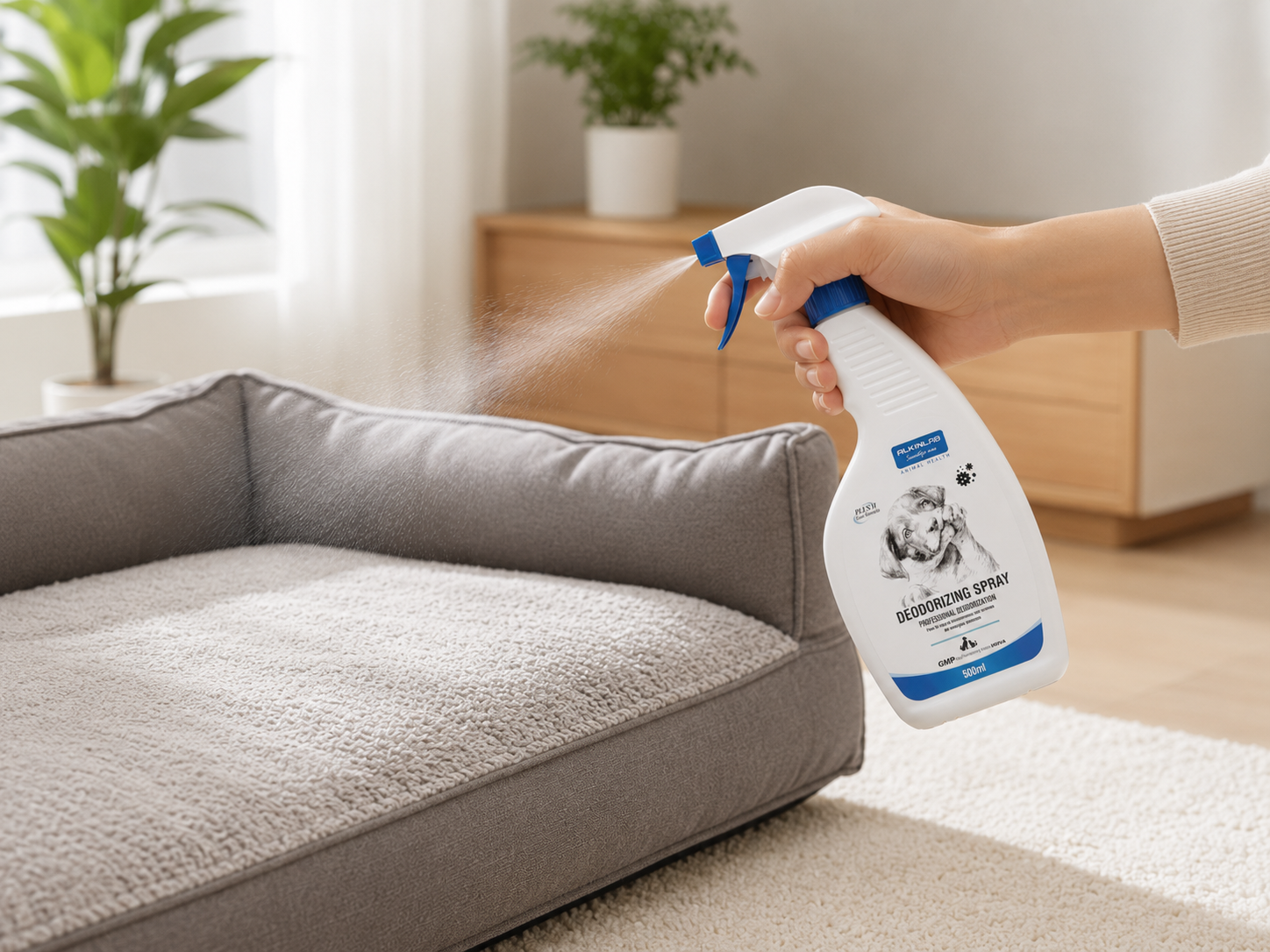 ALKIN Deodorizing Spray được xịt lên đệm ngủ đã làm sạch, không xịt trực tiếp vào chó mèo