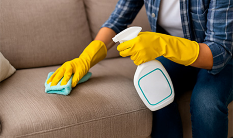 Người chủ đang làm sạch sơ bộ vùng sofa có nước tiểu mèo