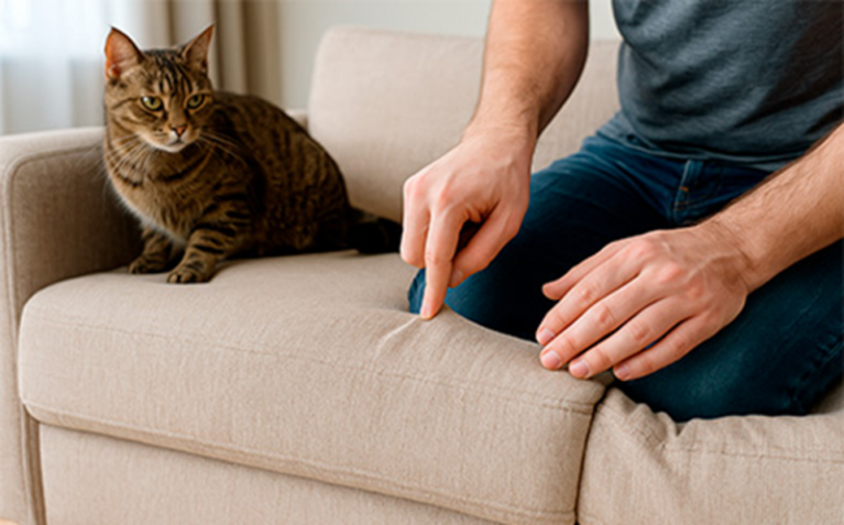 Chủ nhân dùng ngón tay ấn nhẹ vào bề mặt nệm sofa nỉ màu xám bên cạnh chú mèo mướp cam để kiểm tra mùi hôi sau khi khử mùi nước tiểu mèo.