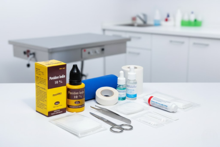 Bộ dụng cụ y tế và chai cồn sát trùng Povidone Iodine dùng để sơ cứu, làm sạch vết thương cho chó mèo ban đầu