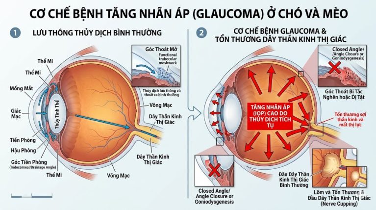 Sơ đồ cơ chế tăng nhãn áp (Glaucoma) ở chó mèo, mô tả sự tắc nghẽn thủy dịch gây áp lực đè nát dây thần kinh thị giác.