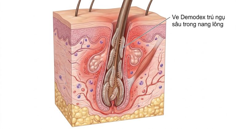 Hình ảnh vi thể ve Demodex hình điếu xì gà cư trú bên trong nang lông.