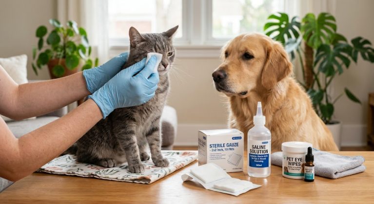 Khay dụng cụ chuẩn bị vệ sinh mắt chó mèo bao gồm gạc vô trùng và dung dịch rửa mắt chuyên dụng.