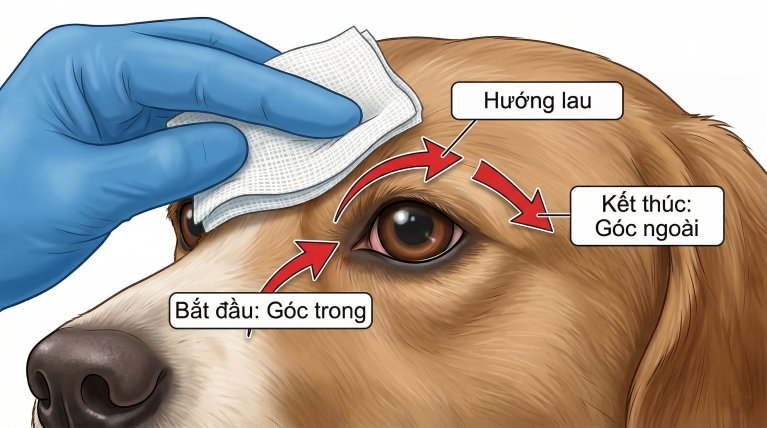Sơ đồ hướng dẫn chiều lau vệ sinh mắt cho chó mèo từ khóe trong ra đuôi mắt.