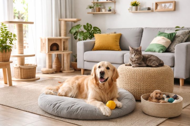 Không gian phòng khách chung cư khép kín, sạch sẽ và an toàn cho chó mèo sinh hoạt.