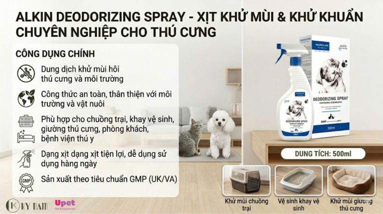 Dung dịch xịt khử mùi thú cưng chuyên dụng Alkin giúp phá vỡ cấu trúc màng tế bào vi khuẩn gây mùi.