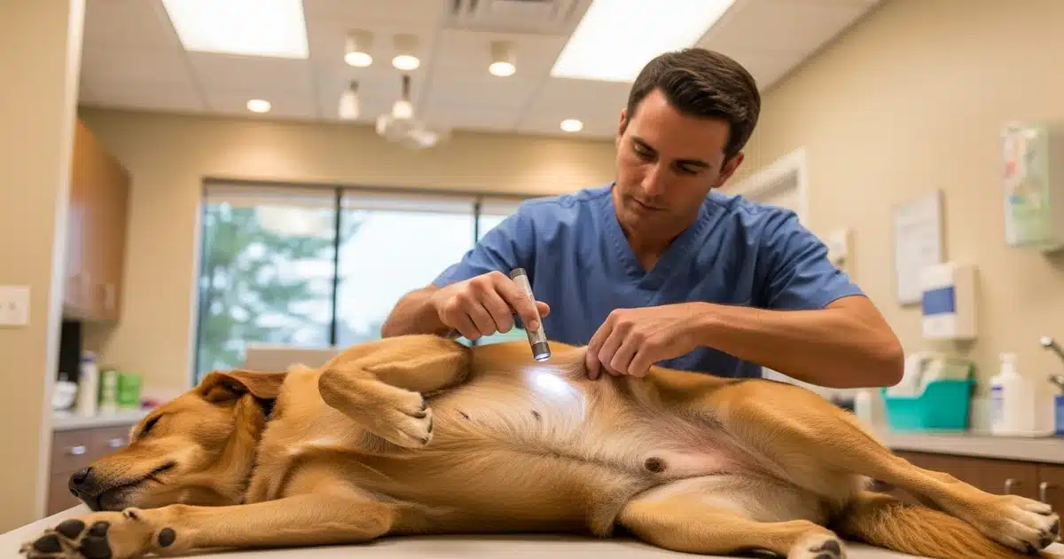 Bác sĩ thú y kiểm tra da chó khi nghi Sarcoptes hoặc Demodex