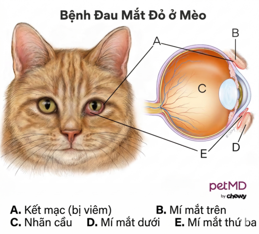 Mắt mèo đổ ghèn mủ vàng đặc quánh, sưng tấy do nhiễm trùng viêm kết mạc và vi khuẩn.