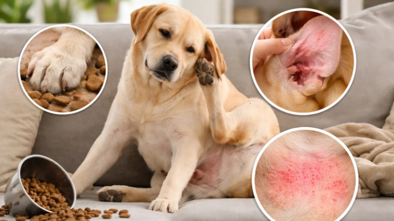 Chó bị dị ứng thức ăn thường bị sưng đỏ quanh mõm và viêm tai dai dẳng.