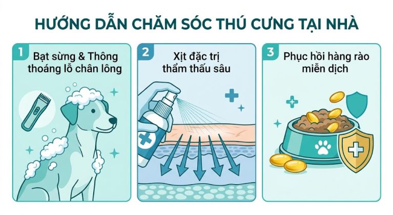Quy trình 3 bước điều trị và chống tái phát ghẻ Demodex tại nhà cho chó mèo.