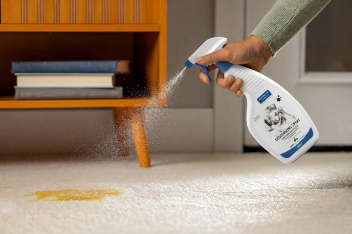 Chủ nuôi đang sử dụng bình xịt enzyme sinh học an toàn để làm sạch vết bẩn của chó trên thảm.