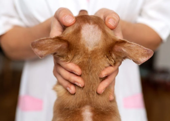 Bác sĩ thú y đang kiểm tra lâm sàng và soi da liễu cho một chú chó nhỏ bị rụng lông.