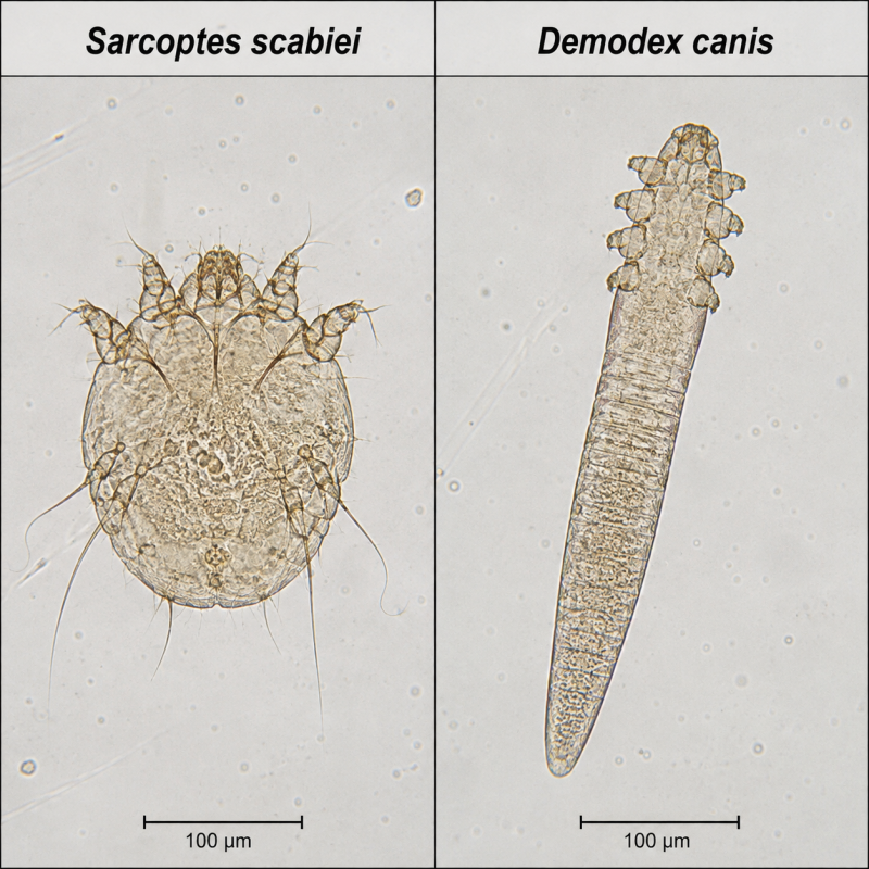 So sánh Sarcoptes scabiei và Demodex canis dưới kính hiển vi