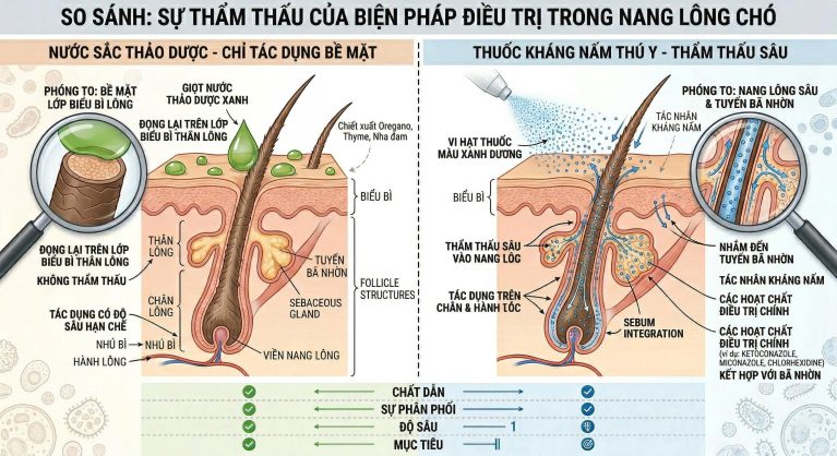 Sự khác biệt về khả năng xuyên thấu: Nước lá chỉ có tác dụng vệ sinh bề mặt lông, trong khi thuốc đặc trị có khả năng thẩm thấu sâu vào tận gốc nang lông để diệt nấm.
