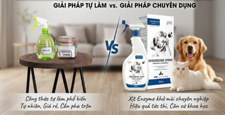 Sự khác biệt giữa việc dùng giấm, baking soda và bình xịt khử mùi chó mèo chuyên dụng.