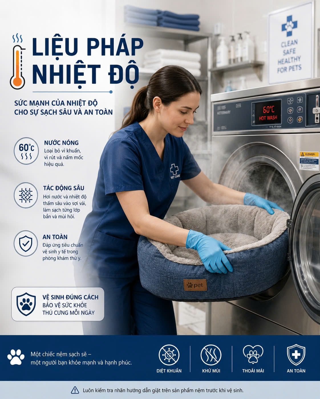 Xử lý nệm và vật dụng vải của chó mèo bị ghẻ bằng nước nóng ở nhiệt độ trên 60 độ C.
