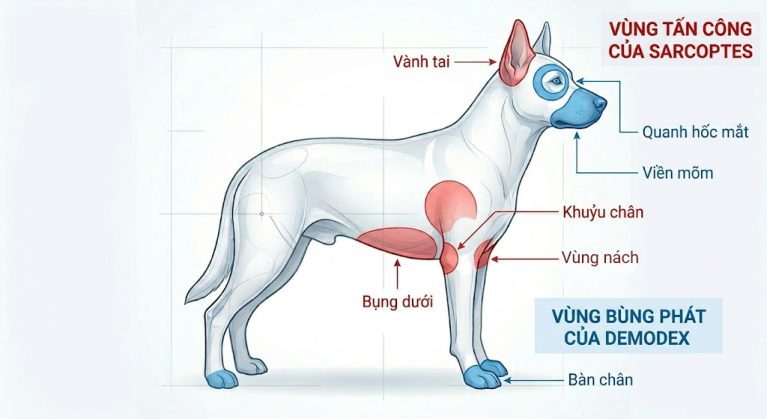 Bản đồ phân bố vị trí tổn thương đặc trưng của ghẻ Sarcoptes và ghẻ Demodex trên cơ thể chó.