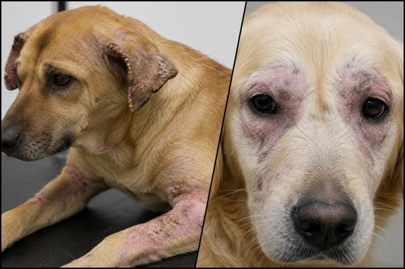 Kiểu tổn thương da ở chó có thể gợi ý Sarcoptes hoặc Demodex