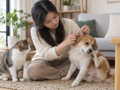 Chủ nuôi kiểm tra tai chó tại nhà, bên cạnh có một con mèo đang quan sát