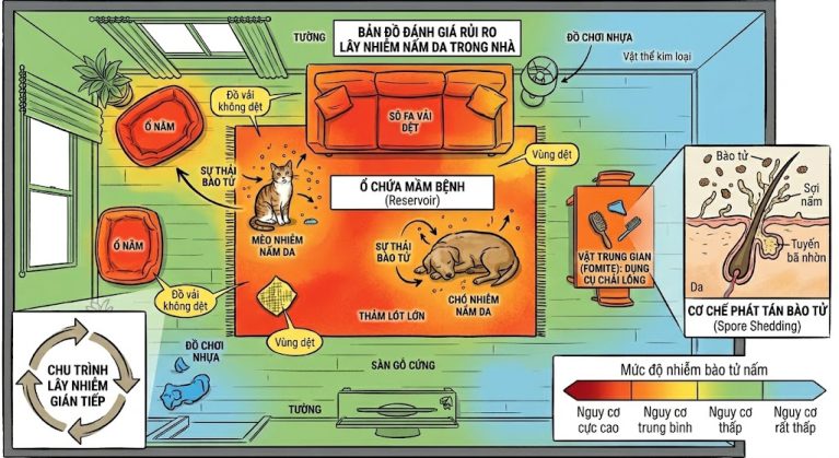 Bản đồ nhiệt đánh giá mức độ rủi ro lưu trữ mầm bệnh nấm da trên các đồ dùng trong nhà.