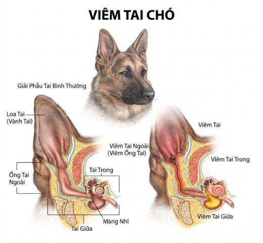 Bản đồ phân bổ các bệnh về tai ở chó mèo theo cấu trúc giải phẫu.
