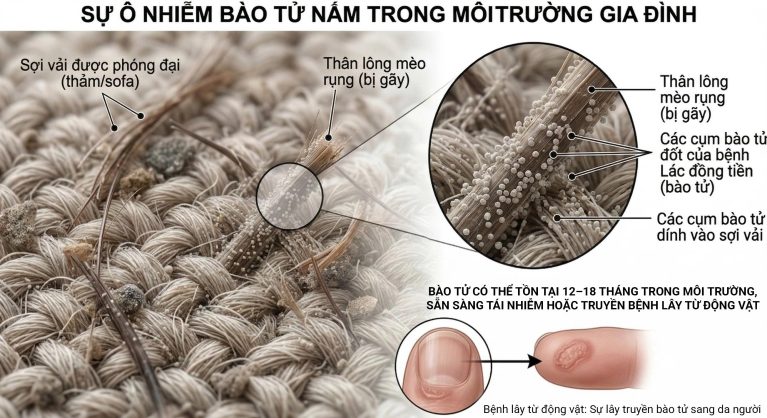 Hình ảnh một mảng lông rụng của mèo (chứa bào tử vi thể) dính trên thảm sàn nhà hoặc ghế sofa, được soi dưới góc độ phóng đại.