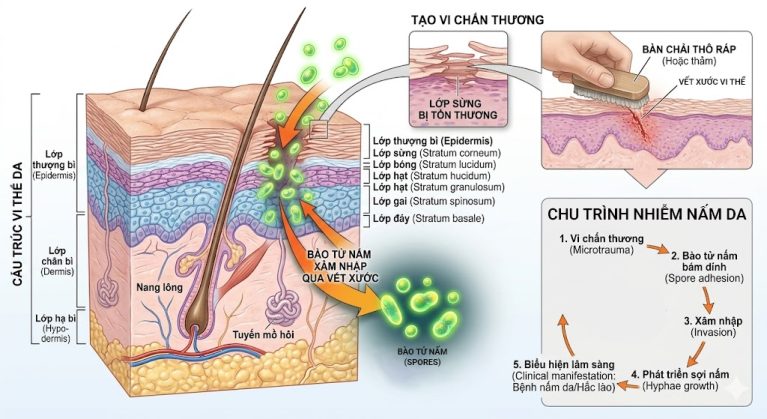 Bào tử nấm xâm nhập vào da thông qua các vết xước vi thể do cọ xát với đồ dùng.
