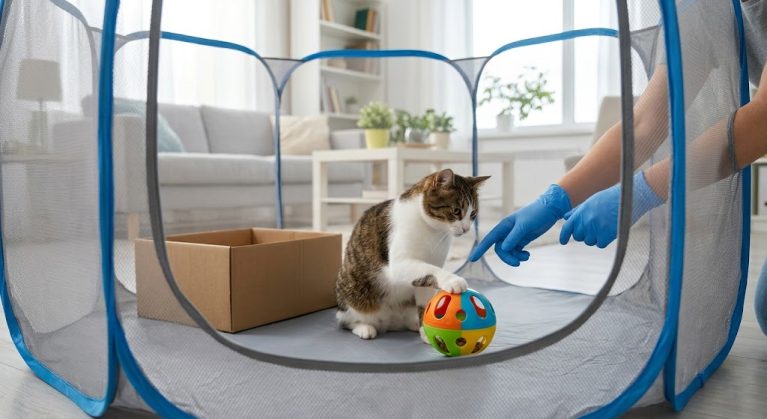 Đồ chơi nhựa và khay thức ăn giải đố giúp giảm stress cho chó mèo bị nhốt cách ly nấm.