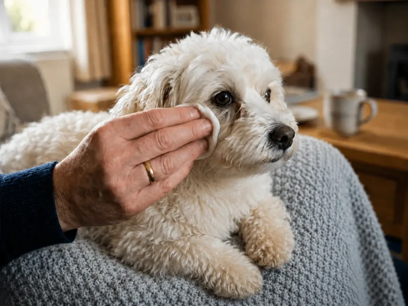 Dùng gạc mềm lau nhẹ vùng lông dưới mắt chó Poodle.