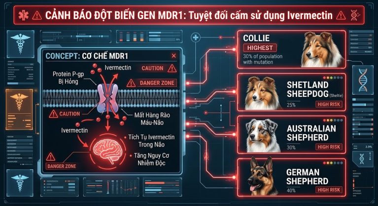 Danh sách các giống chó chăn cừu mang đột biến gen MDR1 dễ bị sốc thần kinh và tử vong khi tiêm thuốc trị ghẻ Ivermectin.