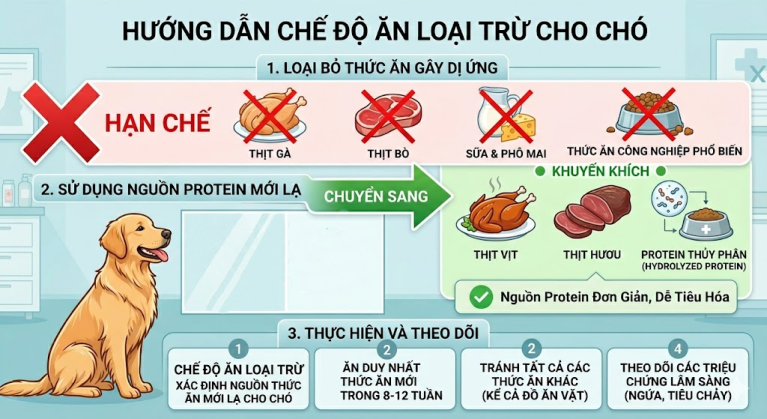 Sơ đồ chế độ ăn loại trừ chẩn đoán dị ứng thực phẩm ở chó mèo.