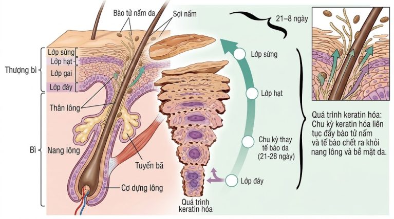 Cơ chế bào tử nấm bám trong nang lông và chu kỳ tái tạo tế bào sừng của da chó mèo.
