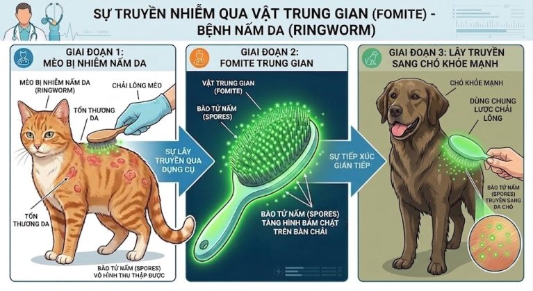 Cơ chế lây nhiễm nấm da gián tiếp qua vật thể trung gian (Fomite) là lược chải lông.