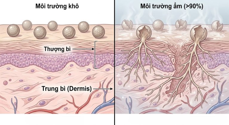 Cơ chế nảy mầm của bào tử nấm da chó mèo khi độ ẩm tăng cao trong mùa nồm.
