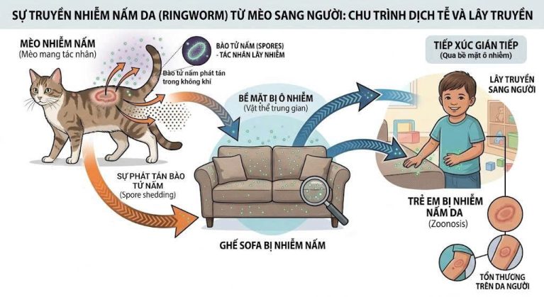 Cơ chế phát tán bào tử nấm da từ thú cưng ra môi trường và lây nhiễm chéo sang con người.