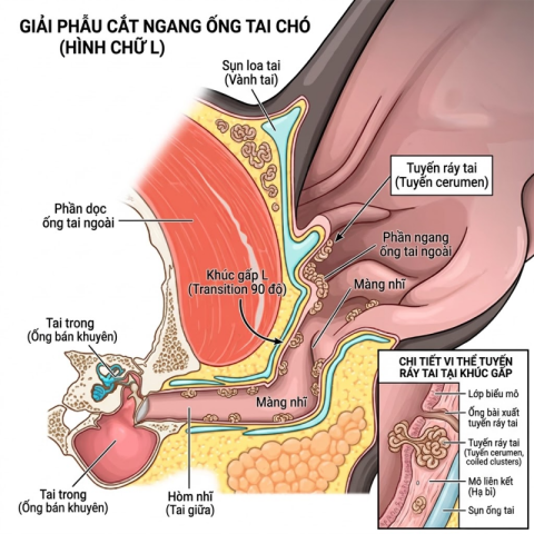 Cấu tạo ống tai ngoài hình chữ L ở chó mèo.