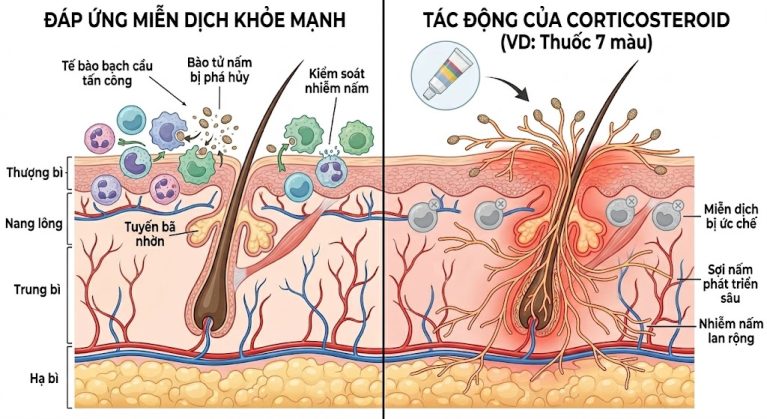 Cơ chế ức chế miễn dịch của Corticoid khiến nấm da đâm rễ sâu xuống Trung bì.