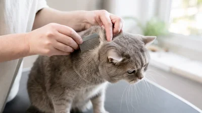 Chủ nuôi dùng lược răng dày kiểm tra lông mèo để tìm dấu hiệu bọ chét