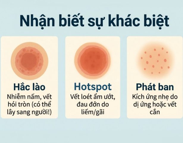 Bảng chẩn đoán phân biệt Hotspot, viêm da mủ và nấm da ở chó