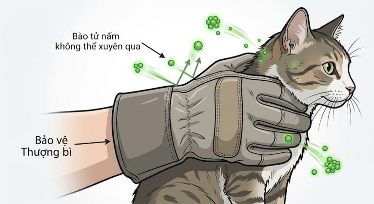 Găng tay bảo hộ bắt mèo hoang bị nấm, ngăn bào tử nấm lây sang biểu bì người.