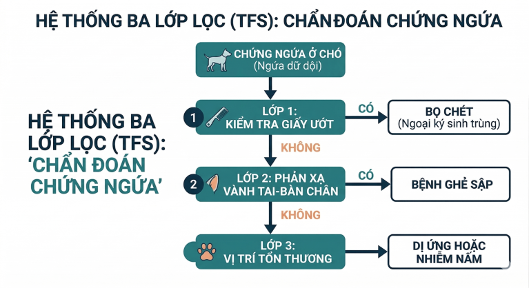 Sơ đồ dòng chảy 3 bước của Hệ thống Lọc trừ TFS hướng dẫn chủ nuôi cách ra quyết định y khoa dựa trên triệu chứng.