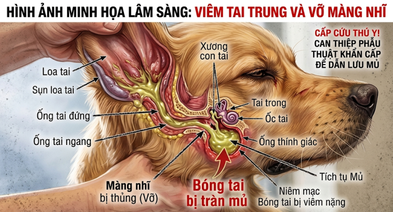 Hình ảnh màng nhĩ chó mèo bị thủng do viêm tai kéo dài.