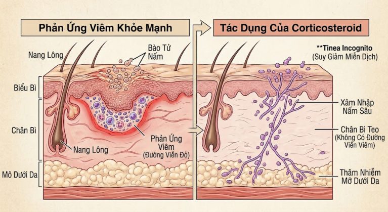 Cơ chế ức chế miễn dịch: Thuốc chứa Corticoid làm tắt phản ứng viêm bề mặt nhưng lại mở đường cho bào tử nấm ăn sâu xuống hạ bì, khiến bệnh trầm trọng hơn gấp nhiều lần.