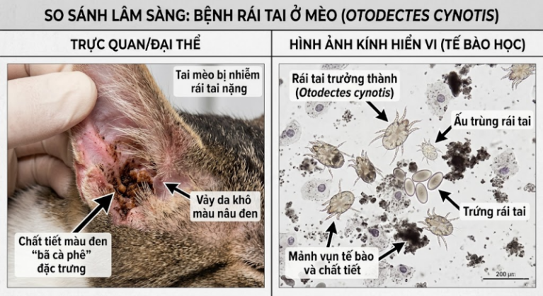 Hình ảnh mắt thường thấy ráy tai bã cà phê màu đen sẫm và hình ảnh vi thể soi thấy rận tai sống đang bò trong đám rác thải sinh học đó.