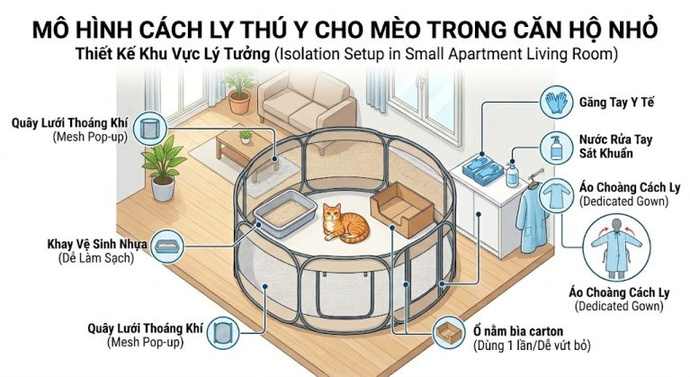 Cách setup khu vực cách ly dã chiến cho chó mèo bị nấm trong căn hộ nhỏ bằng lồng quây.